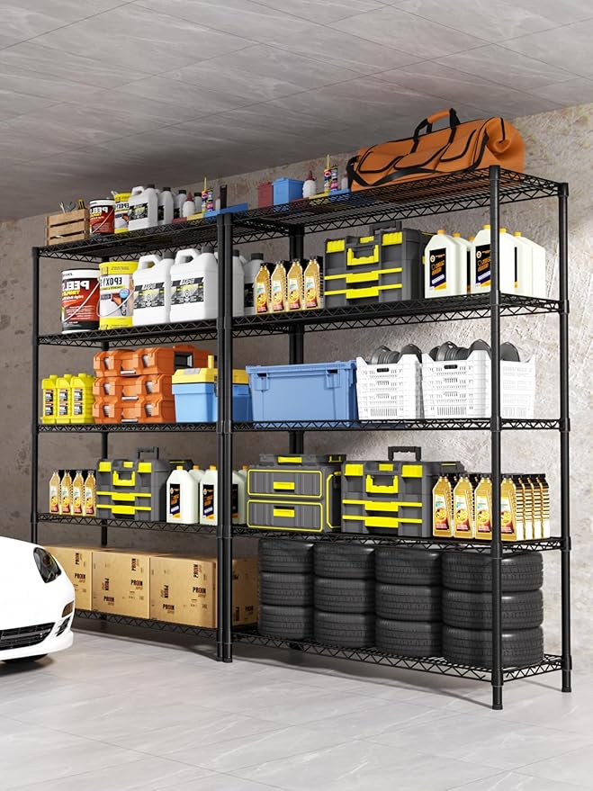 5 Tier Adjustable Storage Shelves Heavy Duty Metal Utility Shelf 1750LBS Capacity Wire Shelving Unit Organizer Rack for Home Kitchen Garage Pantry Room 18" D x 46" W x 77" H Black