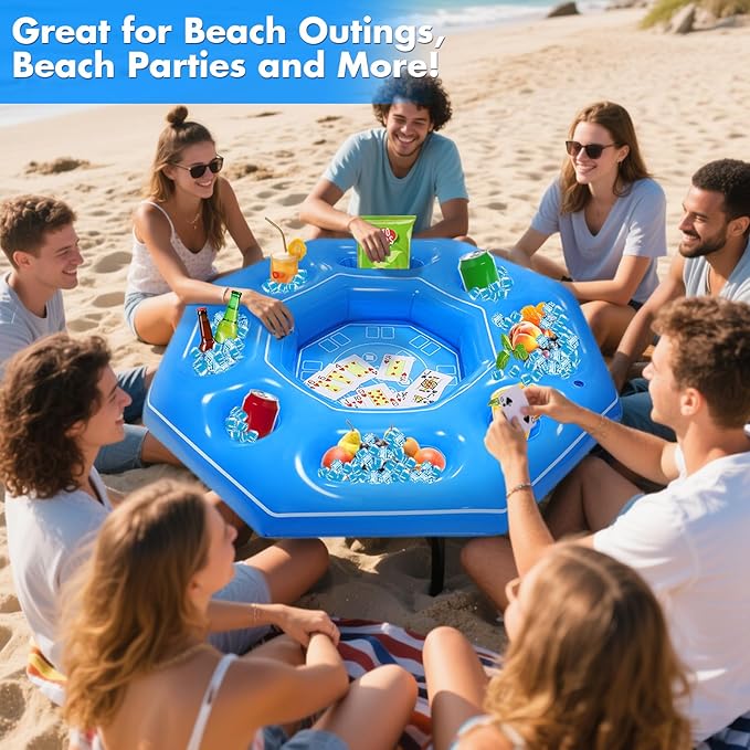 Octagonal Inflatable Game Table with Waterproof Playing Cards, Inflatable Pool Bar Games for Adults, Floating Portable Bar Table Tray for Hot Tub or Pool Beach Party