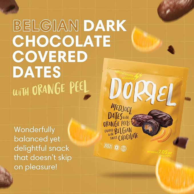Dorrel Belgian Dark Chocolate Covered Medjool Dates Stuffed with candied orange peel, High-Energy Source, Nutritious and Sweet Snacks, Non-GMO, Kosher, 1 Pack