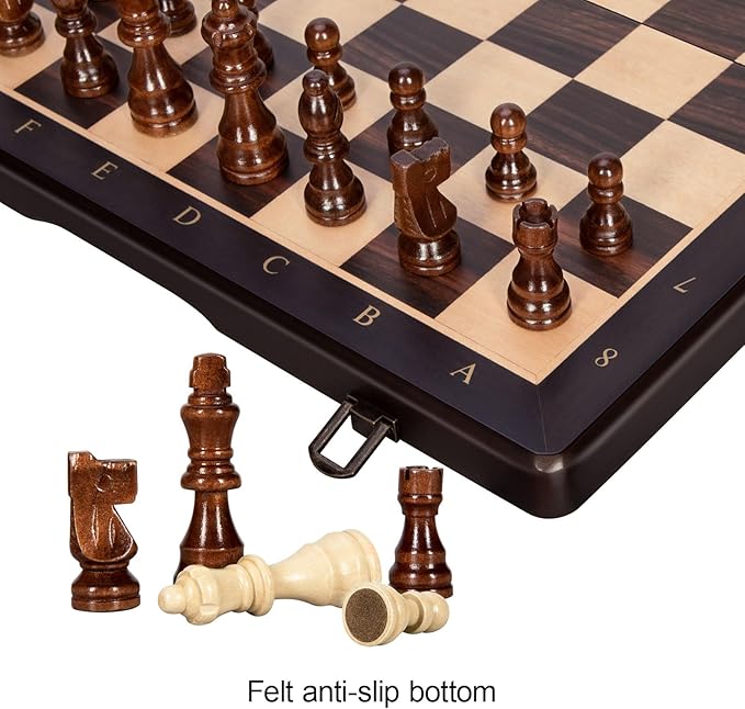 2 in 1 Wooden Magnetic Chess Set & Checkers Board Game-15'' Foldable Chess Board for Adults & Kids-Portable Travel Chess Set with Pieces Storage Slots-2 Extra Queens-Beginner Chess Board Game