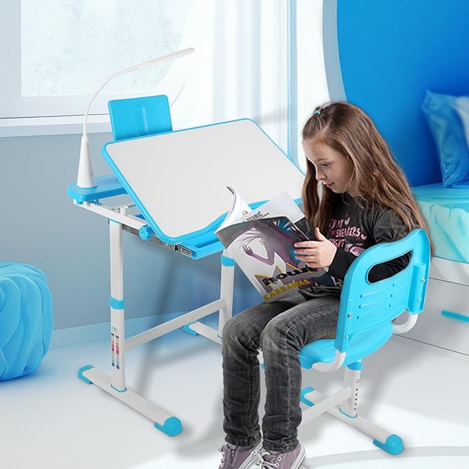 Adjustable Student Desk and Chair Set, 3-15 Kids School Desk with Drawing Tilt Desktop/LED Light/Cup Holder/Bookstand/Storage Drawer, Study Desk for Boys & Girls,Blue