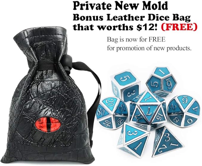Haxtec Glow in The Dark Metal Dice Set D&D Glowing Blue Silver W/Dragon Dice Bag 7 Die D&D Dice Set for Dungeons and Dragons RPG