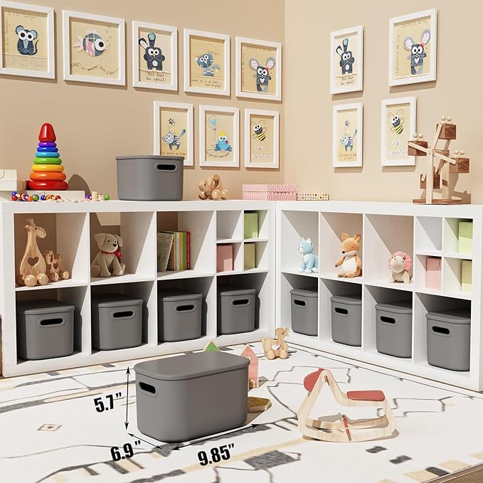 8 Pack Dark Grey Storage Bins with Lids Stackable Storage Container for Organizing, Storage Boxes with Handle for Shelves, Cute Organizer Bins for Craft, Snacks, 9.85x6.9x5.7 inch