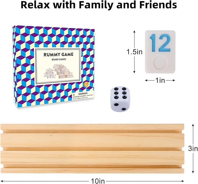 Classic Rummy Tiles & Cube Game Set with 106 Large-Number Tiles, 4 Wooden Racks & Dice - Family Board Games for Adults & Kids, Rummy Tile Games for 2-4 Players, Funny Night Game