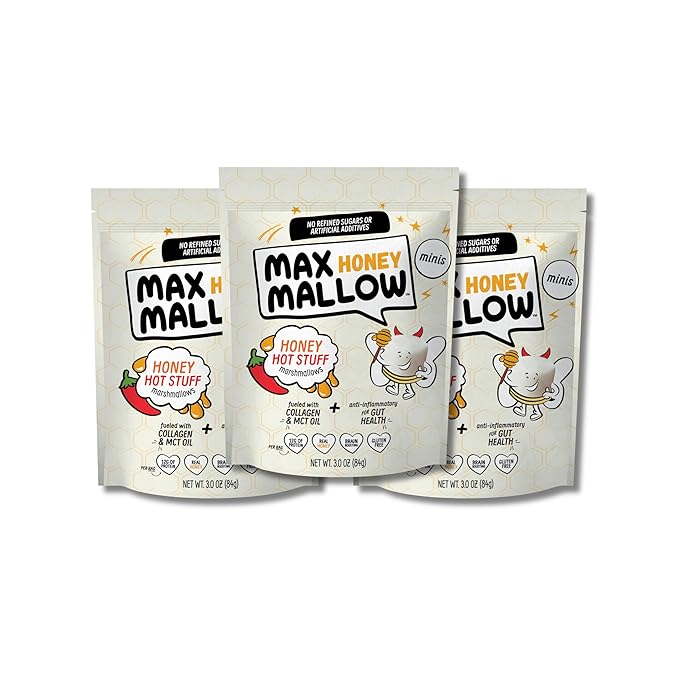 Max Mallow Hot Stuff Mini HONEY Marshmallows – Gut Friendly, Gluten Free, No Refined Sugars, Real Wildflower Honey, Collagen-Infused Snack (3 Pack, Honey Hot Stuff)