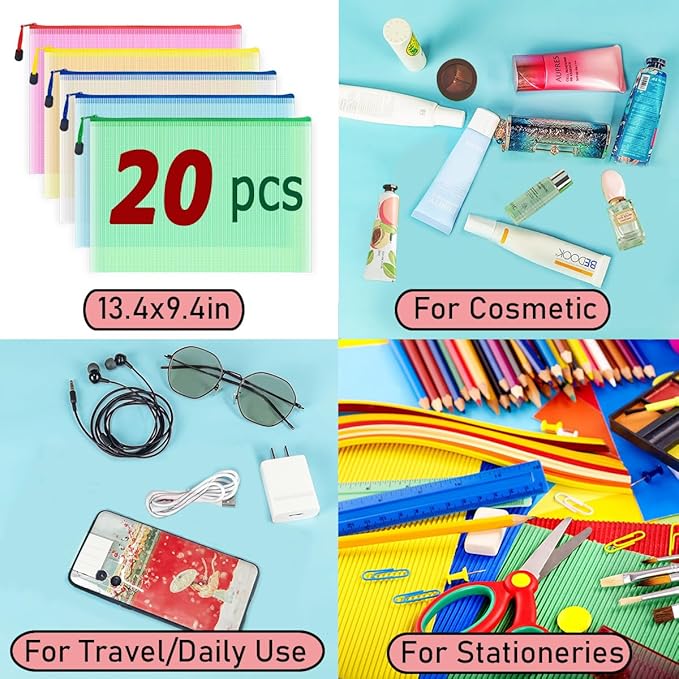 AUSTARK 20 Pcs Zipper File Bags, Plastic Mesh Pouch, Board Game Storage Bag, Waterproof Bags for Office School (A4 Size 13.4''x9.4'', Multicolored)