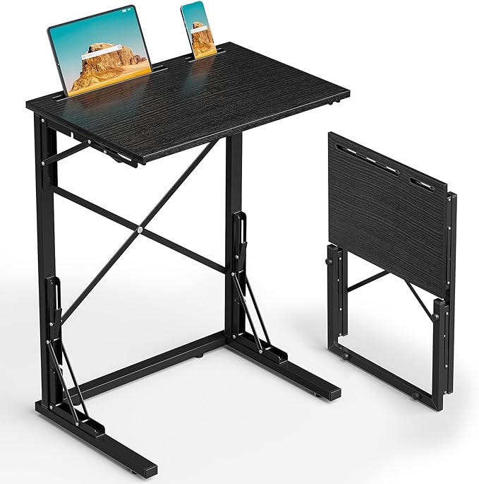 21''Wx28''H Folding TV Tray for Eating, Small Foldable C-Shaped Tray Table with Tablet and Phone Slots, Slide Under Couch Side Table for Recliner, Living Room, Bedroom, Black