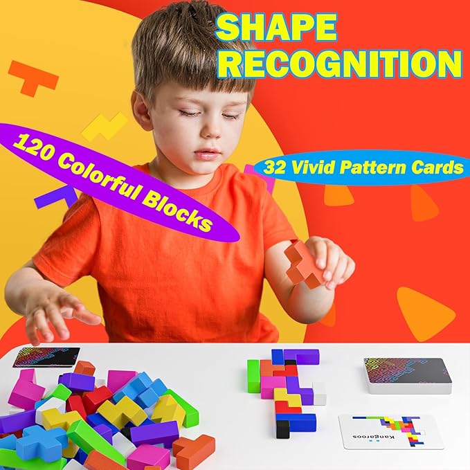 4-in-1 Family Board Games, 120 Pcs Wooden Multi-Level Montessori Toy Fast 3D Shape Pattern Matching Puzzle Stacking Building Blocks Fun Game for Kids Adults Family Night/Party, 1-6 Players Ages 4+