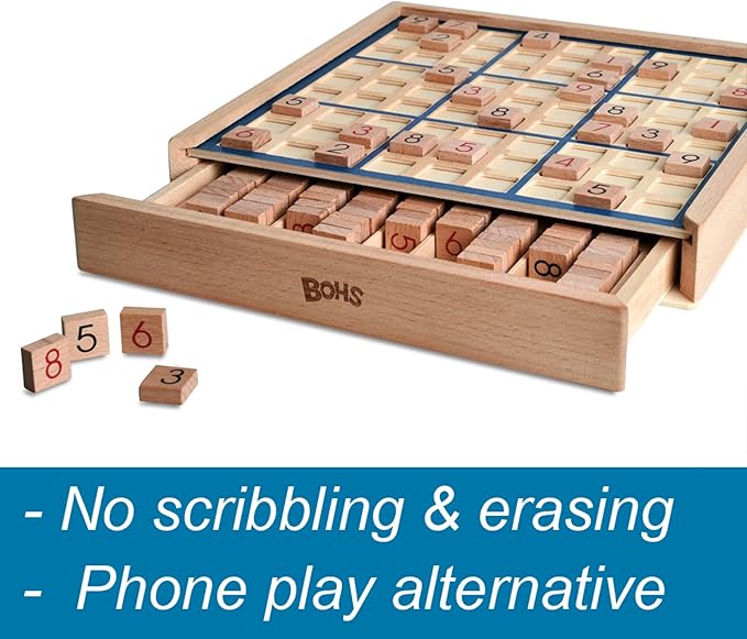 BOHS Wooden Sudoku Board Game with Drawer - with 100 Puzzles Sudoku Book for Adults - Brain Teaser Desktop Toys