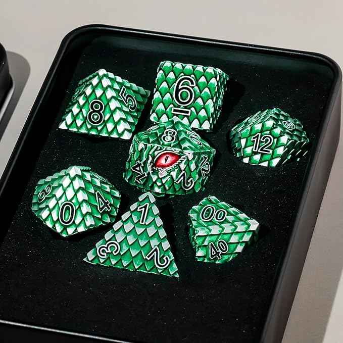 Metal Dice Set D&D,7 PCS Dragon Scale Metallic DND Dice Set,Dragon Eye Metal Dice with Gift Metal Box for Dungeons and Dragon Tabletop Game (Green Dragon Scale & Red Eye)