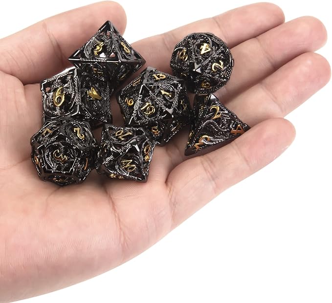 DND Dice,Hollow D&D Metal Dice,Dungeons and Dragons Dice Set with Gift Box,7 PCs Steampunk Polyhedral Dice Games Set for RPG,MTG,Pathfinder, (Dragon Black Golden)