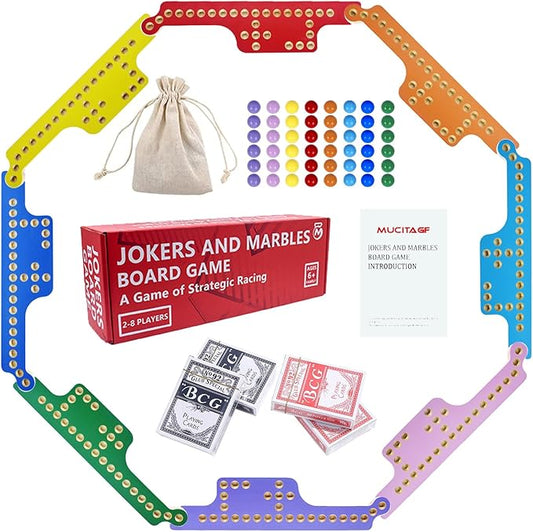 Jokers and Marbles Board Game Pegs and Jokers Card Game for 2-8 Players, Colorful Double-Side Painted Solid Wood Game Boards with 8 Color 48 Marbles 4 Decks of Cards Game Set