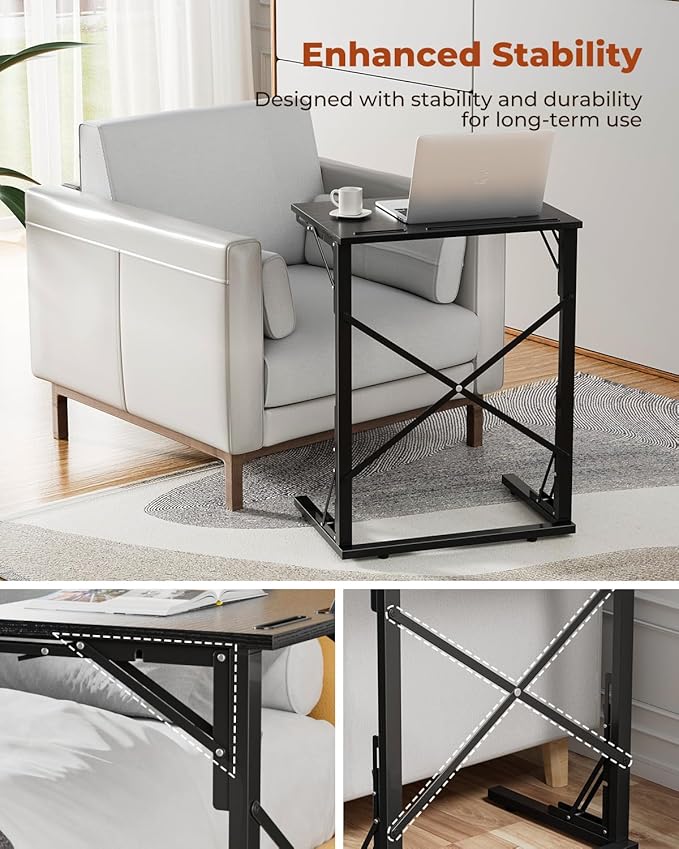 21''Wx28''H Folding TV Tray for Eating, Small Foldable C-Shaped Tray Table with Tablet and Phone Slots, Slide Under Couch Side Table for Recliner, Living Room, Bedroom, Black