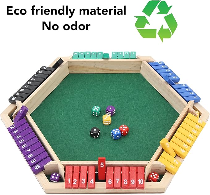 Wooden Shut The Box Dice Game for 6 Players - Multiplayer Tabletop Game with 12 Dice