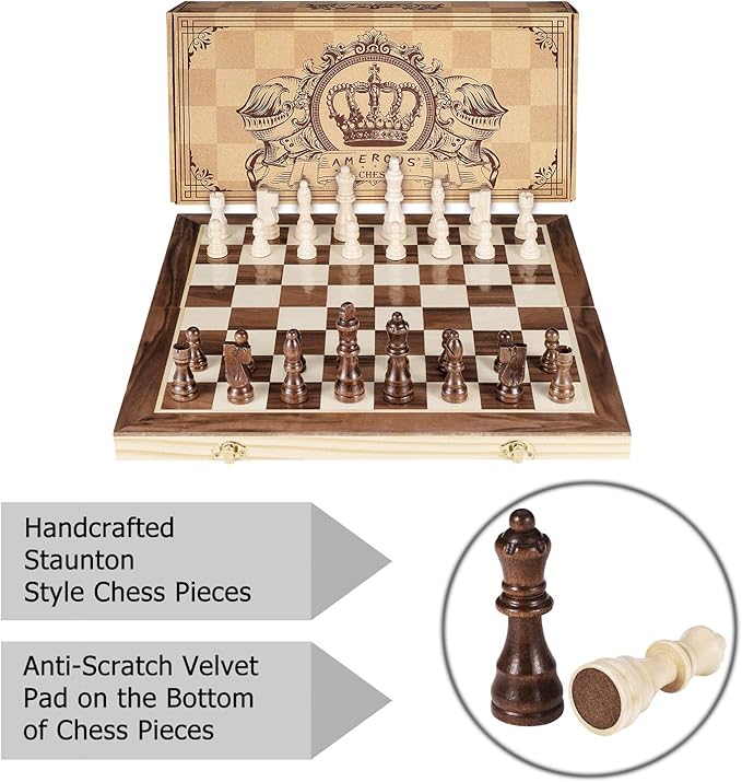 AMEROUS 15 Inches Magnetic Wooden Chess Set - 2 Extra Queens - Folding Board - Pieces Storage Slots, Handmade Portable Travel Chess Game - Beginner Chess Set for Kids, 6 up Age