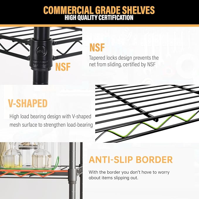 5-Tier Shelves Height Adjustable Storage Shelves Shelving Unit 11”Dx21”Wx48”H Wire Shelving NSF Certified Storage Shelf with Leveling Feet for Home Kitchen Garage, Black