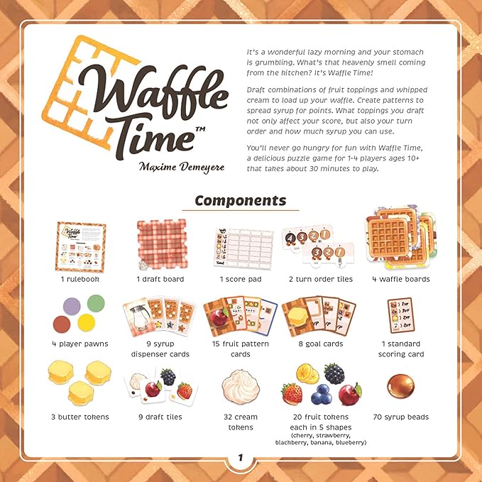 AEG Waffle Time | Draft Fruit Toppings & Whipped Cream, Create Patterns Spread Syrup | Abstract Strategy Breakfast Board Game | 1-4 Players | Ages 10+