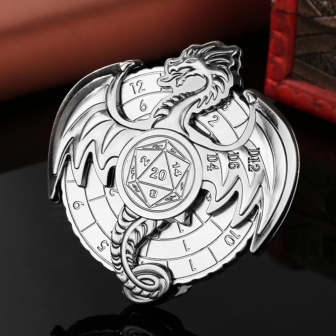 Spinner DND Dice Set, 7-in-1 Dragon Metallic D&D Dice, Dragon Roulette Dice Spinner for DND Dice Set, D&D Gifts with Gift Box, Role Playing Game Board Game Accessories, Silver