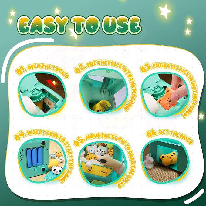 Skirfy Dinosuar Claw Machine, Mini Vending Machine with Lights & Music, Adjustable Sound, Candy and Electronic Prize Dispenser, Includes 45 Toys, Candy and Birthday Gift for Kids Boys