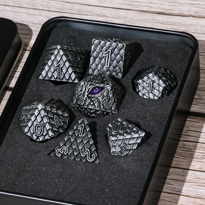 Metal Dice Set D&D,7 PCS Dragon Scale Metallic DND Dice Set,Dragon Eye Metal Dice with Grogeous Gift Case for Dungeons and Dragon Tabletop Game (Old Grey Dragon Scale & Purple Eye)