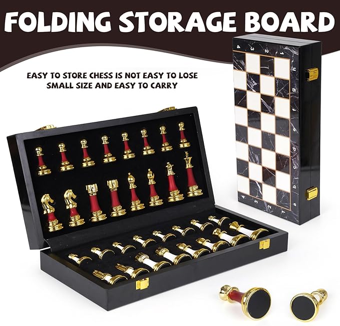 15" Large Chess Set for Adults with Weighted Acrylic Chess Pieces 3.5" King & Portable Folding Marbling Wooden Chess Board Travel Chess Sets Elegant Classic Chess Game – Family Board Game Gift