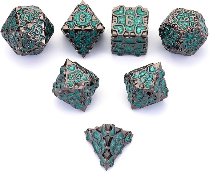 Metal D&D Dice Set, 7 pcs Polyhedral Dice Set with Beautiful Gift Box for Dungeons and Dragons MTR PRG Tabletop Games (Black-Green)
