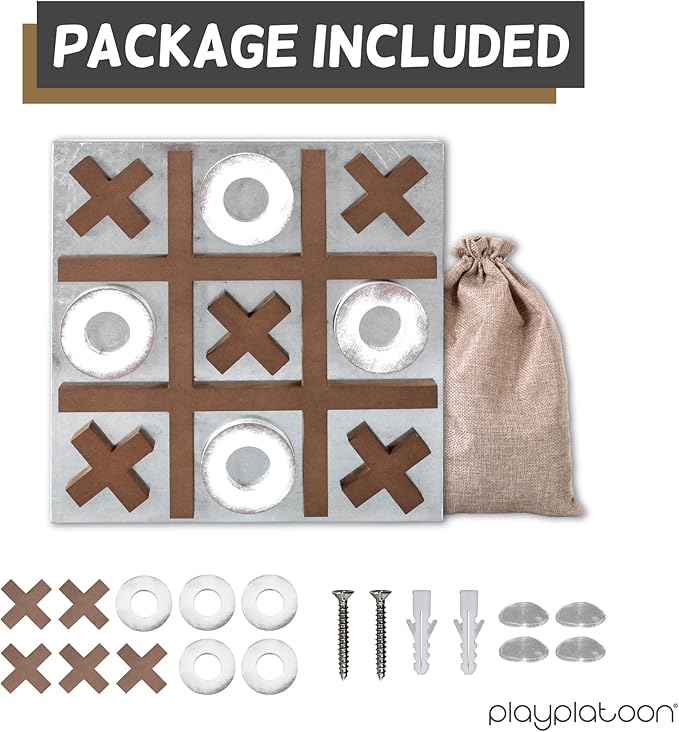 Play Platoon Magnetic Tic Tac Toe Game - Large Metal and Wooden Wall Mounted Board Games - 13.5 Inch Table Top or Wall Mounted Farmhouse Rustic for Game Room - Barnwood