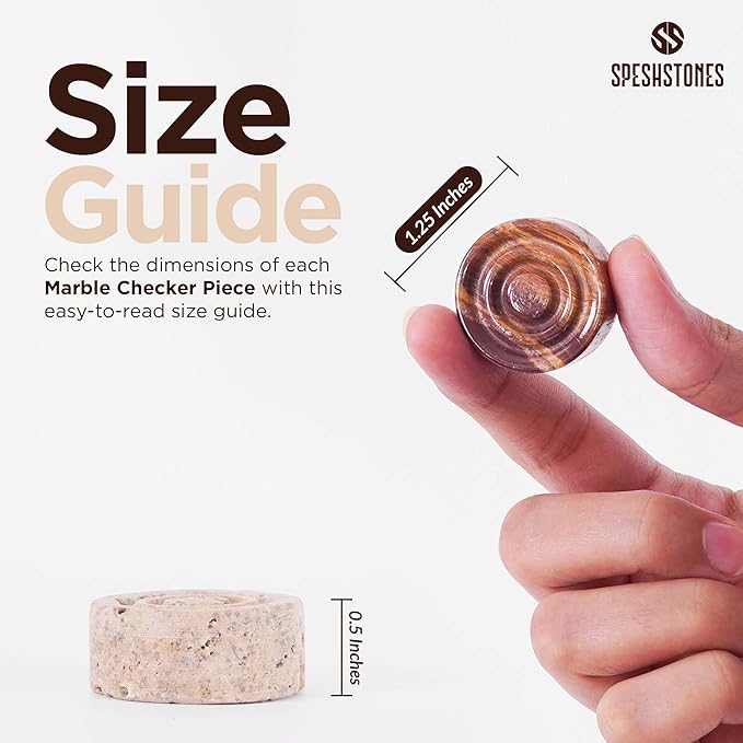 Marble Checkers 1.25 Inch Brown and Travertine Stone Pieces for Classic Checkers Board Game, Tabletop Strategy Set for Adults & Family, Travel, Outdoor Play