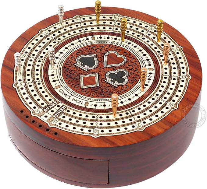 Round Shape 3 Track Non-Continuous Cribbage Board - Push Drawer Storage for Pegs and 1 Deck of Cards with Score Marking Fields for Won Games (Bloodwood/Maple Wood)