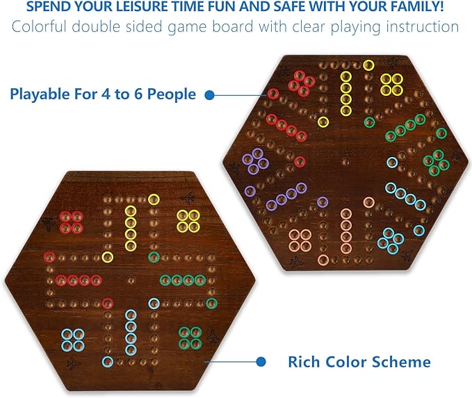 Wahoo Marble Board Game Thicken Wood 4 and 6 Players Fast Track Board Game 2 Sided Painted Perfect Game for Family Friends Party (Rustic Brown)