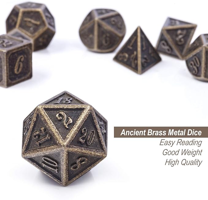 DnDnD Ancient Design Dice, 7PCS Brass DND Metal Dice with Metal Box for Table Games Dungeons and Dragons D&D