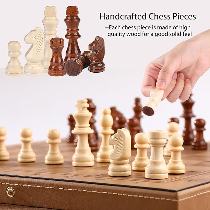 15" Magnetic Chess Set & Checkers Set 2 in 1,Rinten Leather Portable Travel Chess Board Game Sets with Velvet Bag Packaging Beginner Large Chess Set for Kids and Adults