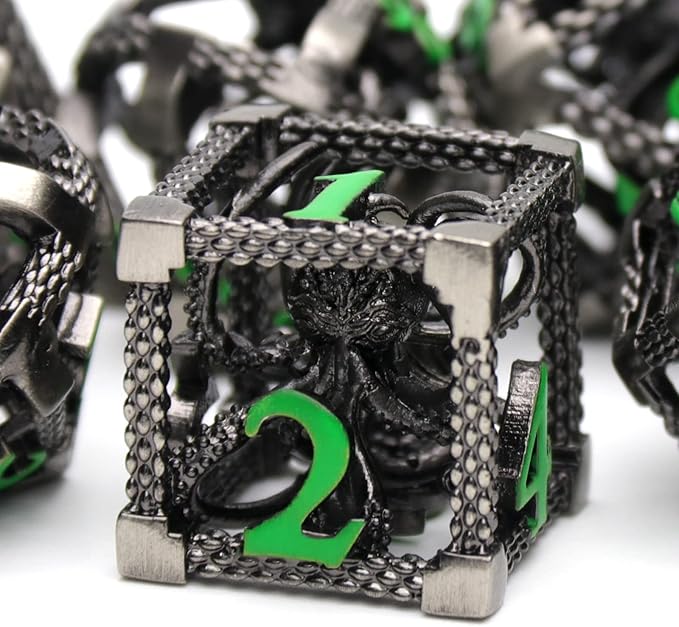 Hollow Cthulhu Metal Polyhedral Dice Set - D&D, Pathfinder, Warhammer, Shadowrun Gaming Dice (Green Number)