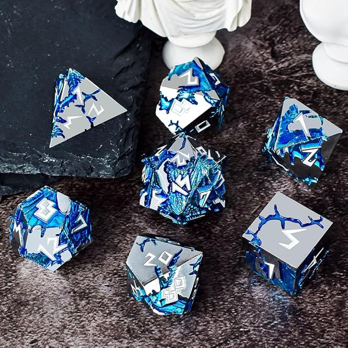 Rule Dice - Metal DND Dice Set, Large Dungeons and Dragons Dice, 7-Die Weighted Role Playing Gaming Dice DND, MTG RPG Polyhedral Metal D&D Dice, D20 D12 D10 D% D8 D6 D4 (Silver White)