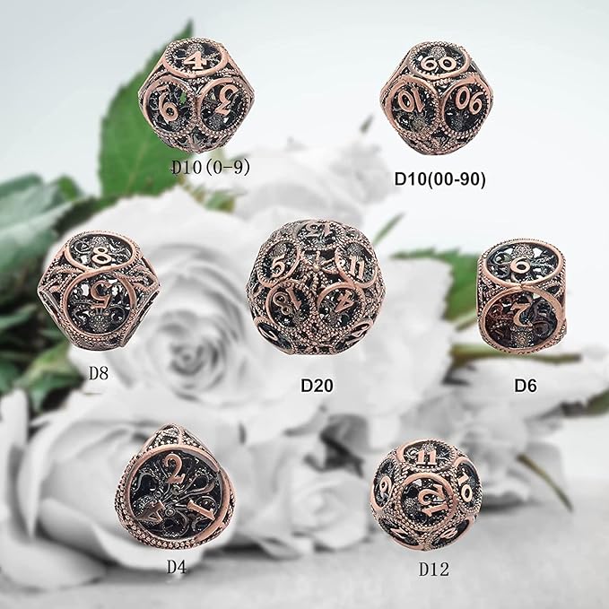 DND Dice,Hollow D&D Metal Dice,Unique Round Ball Design Octopus Dice with Gift Box for Dungeons & Dragon Gaming,7 PCs Steampunk Polyhedral D and D Dic(Ball Octopus red Copper)