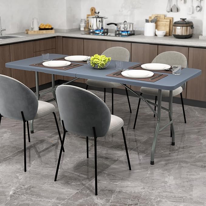 Goplus 6ft Plastic Folding Table, 350 LBS Outdoor Heavy Duty Folding Tables with HDPE Tabletop, Handle, Lock, Foldable Rectangle Portable Utility Card Table for Picnic, Party, Camping, Dining