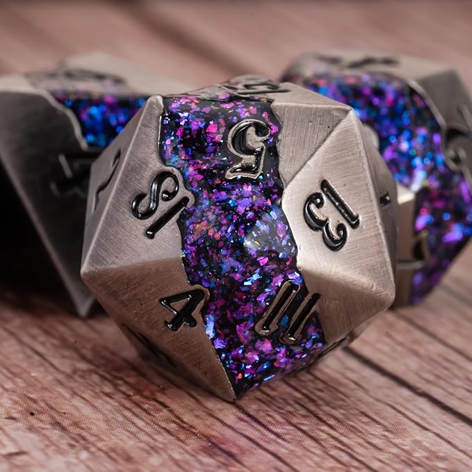 Metal Dice Set D&D, 7 PCS RPG Metallic Glitter Stripe Dice Set with Gift Box for Dungeons and Dragons Role Playing Games