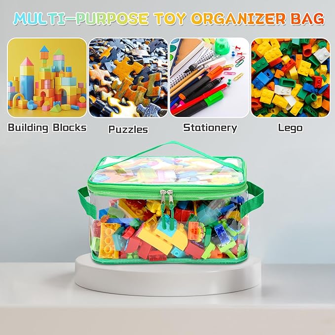 8 Pack Clear Toy Storage Bags, Extra Large Capacity Transparent Waterproof PVC Toy Organizing Bags with Name Tag and Manual Pocket for Building Blocks Board Games, Puzzle, Kids Books (Color)