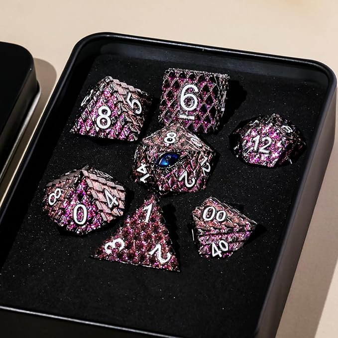 Metal Dice Set D&D,7 PCS Dragon Scale Metallic DND Dice Set,Dragon Eye Metal Dice with Grogeous Gift Case for Dungeons and Dragon Tabletop Game (Glitter Purple Dragon Scale & Blue Eye)