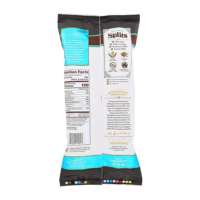 Unique Snacks Extra Salt Splits Pretzels, Original Split-Open Pretzels, Delicious Homestyle Baked Snack Bag, OU Kosher, and Non-GMO Food, No Artificial Flavor, 11 Oz. Bag, Pack of 3