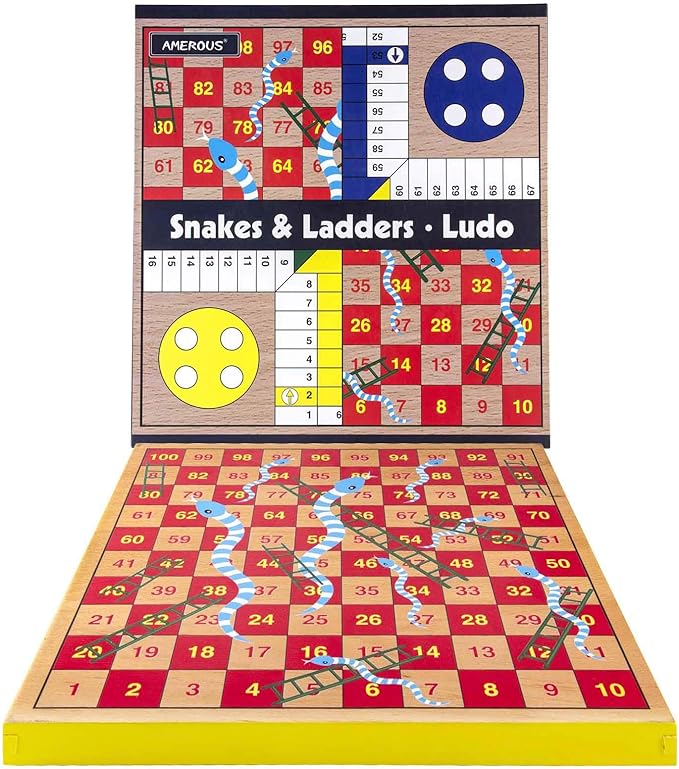 AMEROUS 12 inches Wooden Ludo Board Game - Snakes and Ladders, 2 in 1 Reversible, 1-4 Players Family Dice Games Set for Kids, Adults, Classics Tabletop Version (Gift Box Packed)