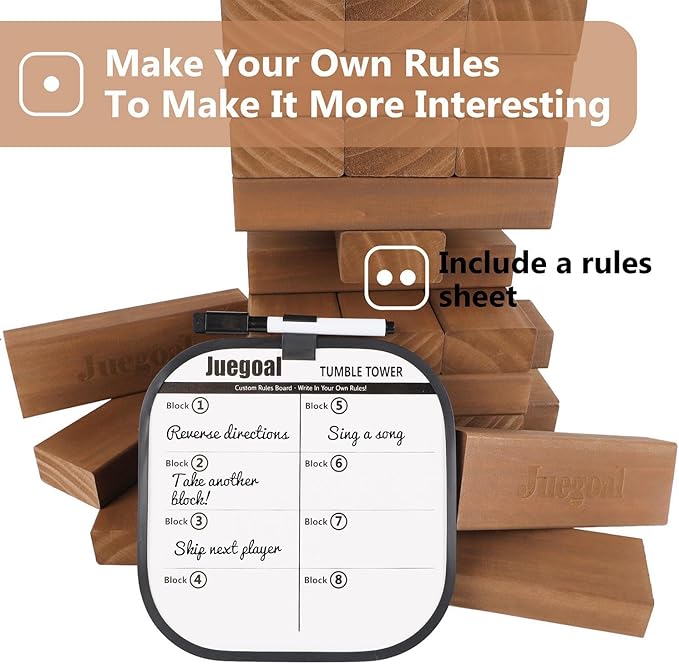 Juegoal 54 Piece Giant Tumble Tower Brown for Adult Kids Family, Wooden Block Stacking Game with Gameboard & Canvas Bag, Outdoor Games for Backyard Lawn Party Playing, 6.9 x 6.9 x 24 Inches,X-Large