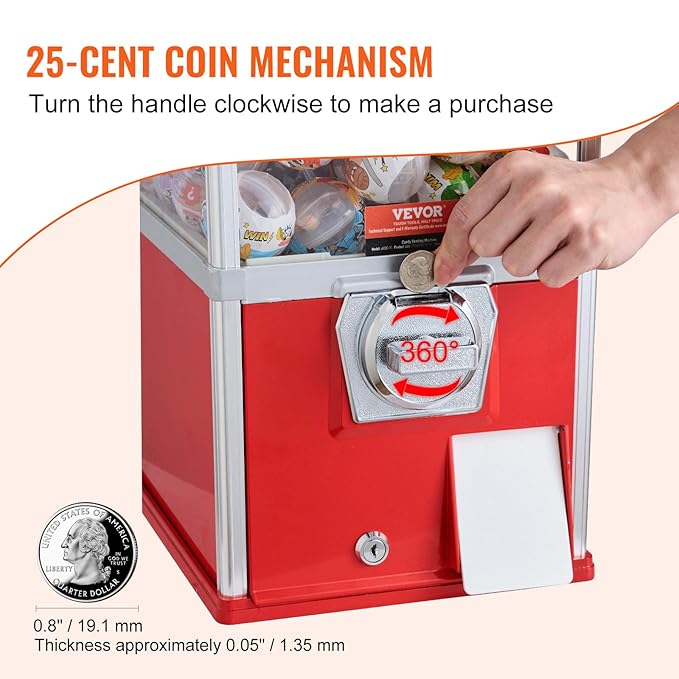 VEVOR Gumball Machine for Kids, 25" Height Home Vending Machine, PS Bouncy Balls Dispenser, Hold 230 Capsule Toys, Rectangle Bubble Gum Machine for Game Stores, Coin Operated Gumball Bank, Red