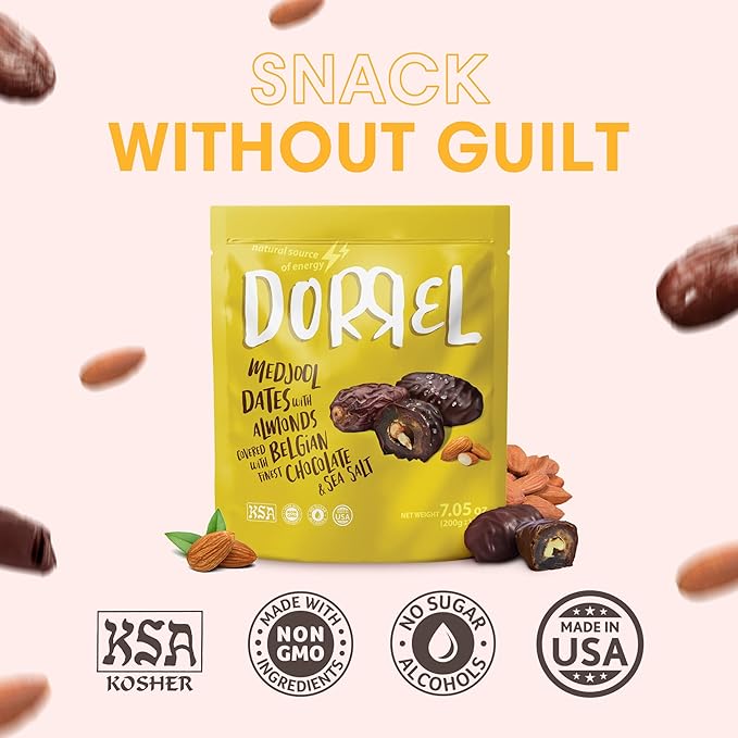 Dorrel Belgian Dark Chocolate Covered Medjool Dates Stuffed with Salted Almonds, Nutritious and Tasty Dark Chocolate Almond with Sea Salt, High-Energy Snack, Non-GMO, Kosher,