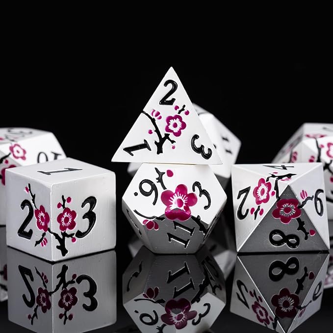 DND Metal Dice Set,7pcs Set Flower Metallic Dice Set with Box,RPG Polyhedral Dice for Table Game (Silver-Purple)