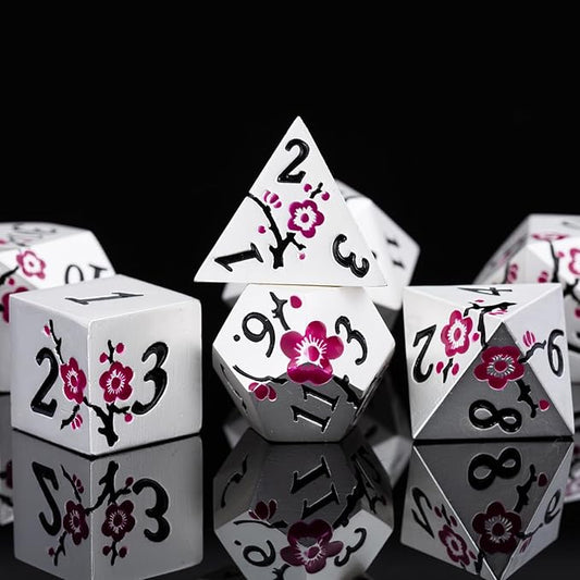 DND Metal Dice Set,7pcs Set Flower Metallic Dice Set with Box,RPG Polyhedral Dice for Table Game (Silver-Purple)