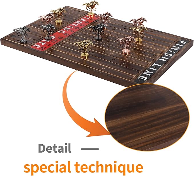 Horse Race Board Game Finish Line Racing Game with 11 Luxurious Metal Horses with 4 Dice and 2 Boxes of Cards Solid Wood Horse Racing Game Board Color Box Packaging (Small, Fire Burning Color)