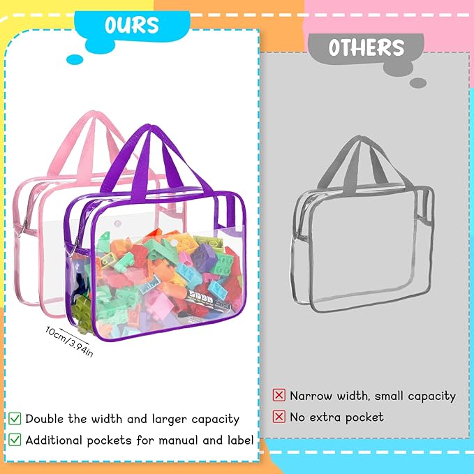 8 Packs Large Toy Storage Bags with Labels&Manual Pocket, Reusable Clear PVC Board Game Storage Bags, Travel Waterproof Organizer Bags with Zipper for Building Blocks, Puzzle, Toys