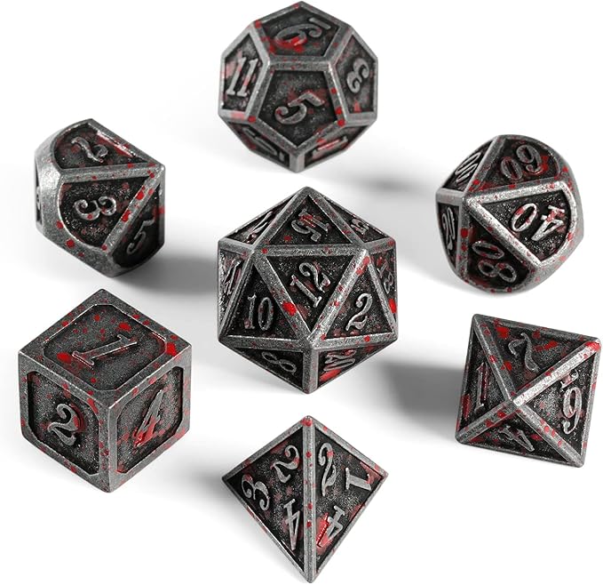 Acient Silver Bloodstained Metal Dice Set DND, DNDND 7PCS Metallic Halloween Die with Metal Case for Dungeons and Dragons Tabletop Games