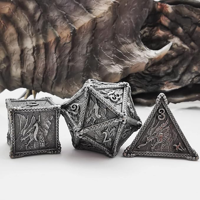 HAOMEJA Metal Dragon Dice Set - 7 Solid Dice for D&D & Dungeons and Dragons (Antique Iron)